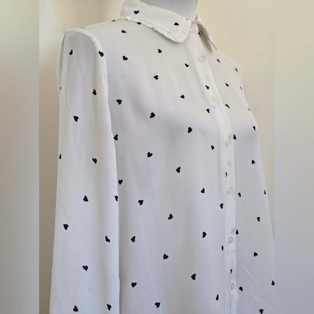 Forever 21 White Button Down with Black Heart Pattern